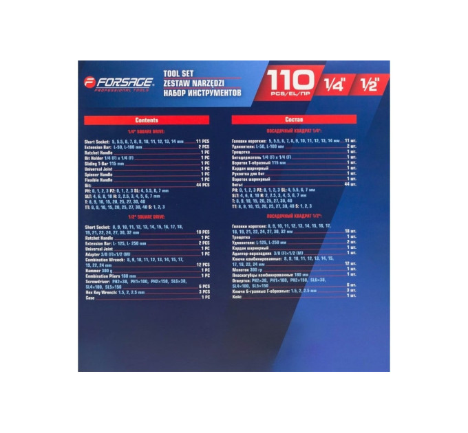 Набір інструментів 110 предметів 1/4'', 1/2''(6-гран)(5-32мм) FORSAGE F-41101-5
