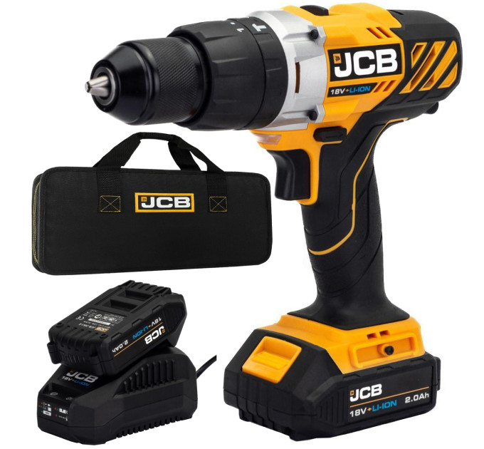 Дрель-шуруповерт аккумуляторный (JCB-18CD-BE) 18V, max 45Nm в комплекте с зарядным устройством (JCB-18VFC-E) 2.4A и аккумуляторной батареей (JCB-20LI-E) 2.0AH JCB-18CD-2XB-E