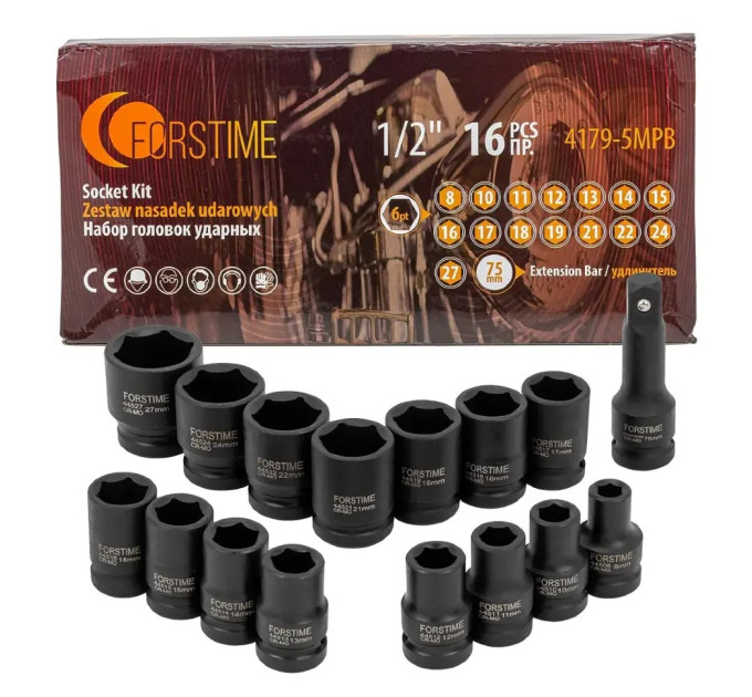 Набір ударних головок 1/2", 16 предметів Forstime FT-4179-5MPB