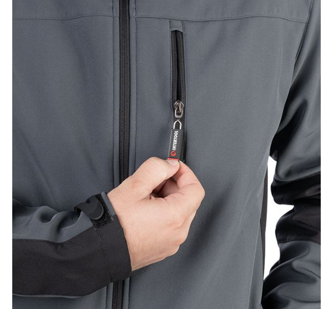 Куртка SOFTSHELL, темна сіро-чорна, тришарова, тканина стрейч 300GSM 100D, з водо- і вітрозахистом, XXL INTERTOOL SP-3135