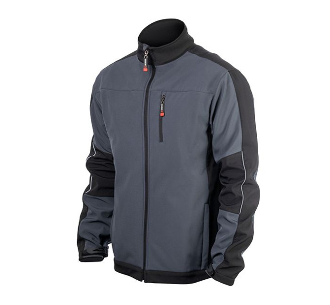 Куртка SOFTSHELL, темная серо-черная, трехслойная, ткань стрейч 300GSM 100D, с водо- и ветрозащитой, XXXL INTERTOOL SP-3136