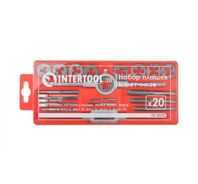 набор плашек M3-M12, метчиков M3-M12, 20 ед. INTERTOOL SD-8020