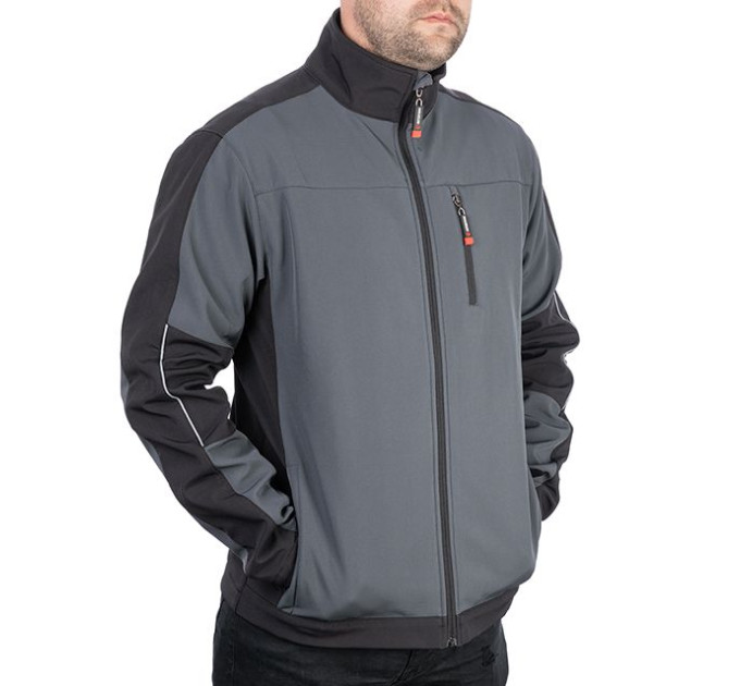 Куртка SOFTSHELL, темная серо-черная, трехслойная, ткань стрейч 300GSM 100D, с водо- и ветрозащитой, XL INTERTOOL SP-3134