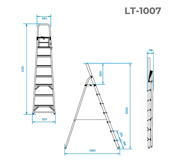 Стремянка из алюминия, 7 ступеней, высота до платформы - 1500 мм INTERTOOL LT-1007