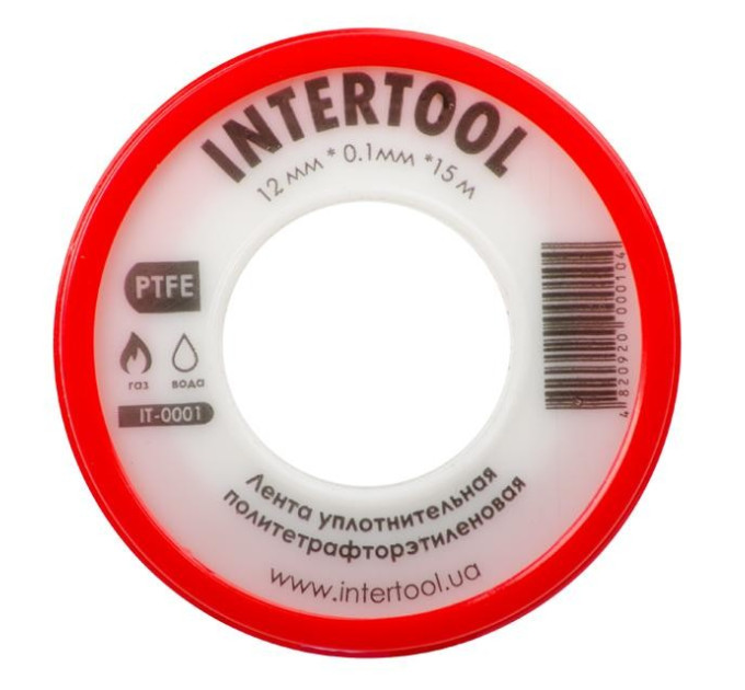 Стрічка тефлонова, фум (политетрафторетиленова) 15 м, 0.1*12 мм, 0.2 г/см³ INTERTOOL IT-0001