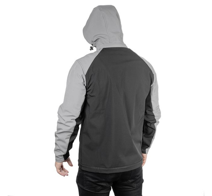 Куртка SOFTSHELL, світла сіро-чорна, з капюшоном, тришарова, тканина стрейч 300GSM 100D, з водо- і вітрозахистом, L INTERTOOL SP-3123
