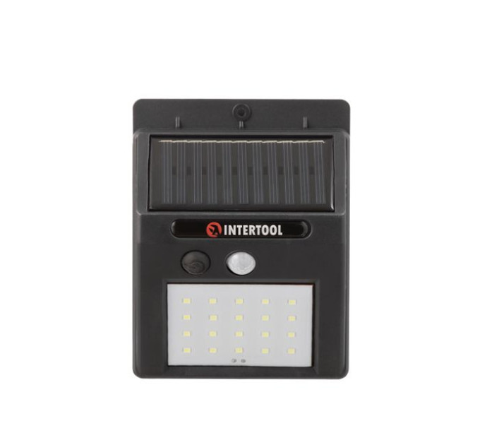 Светильник аккумуляторный настенный 20 SMD LED, уличный, солнечная панель, датчик движения INTERTOOL LB-0112