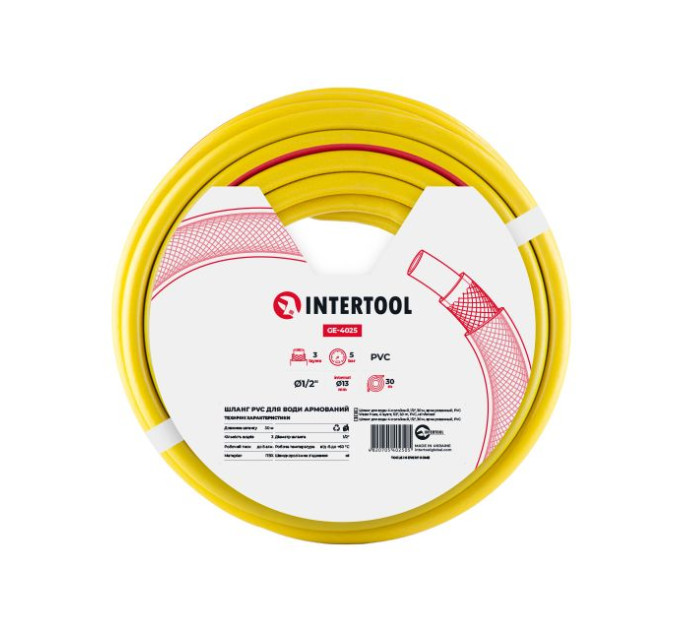 Шланг садовый 3 слойный, зеленый, 1/2", 30 м, армированный, PVC INTERTOOL GE-4025