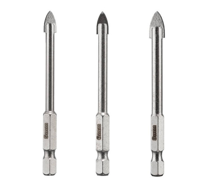 Набір свердел по склу та кераміці, 3 од. (5, 6, 8 мм), HEX 1/4" INTERTOOL SD-0293