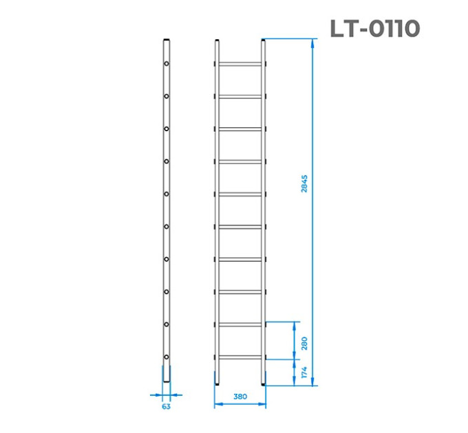 Лестница из алюминия, приставная, 10 сход., 2,84 м INTERTOOL LT-0110