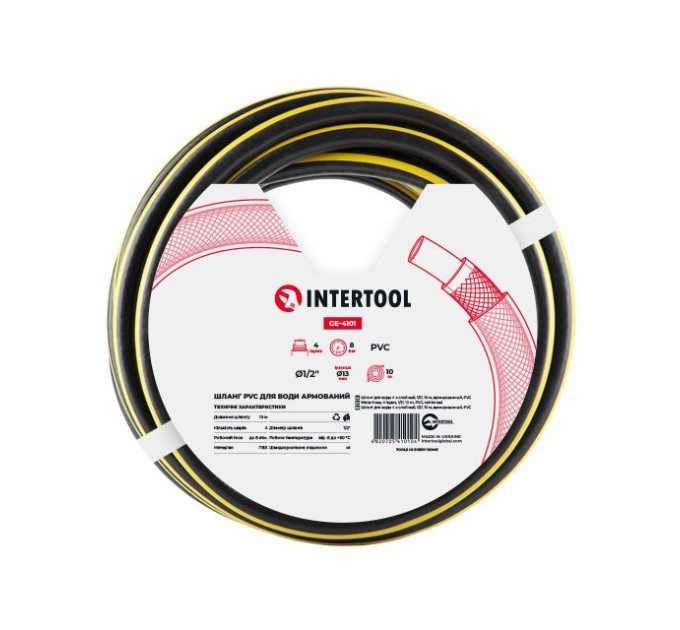 Шланг для воды 4 слойный, 1/2", 10 м, армированный, PVC INTERTOOL GE-4101