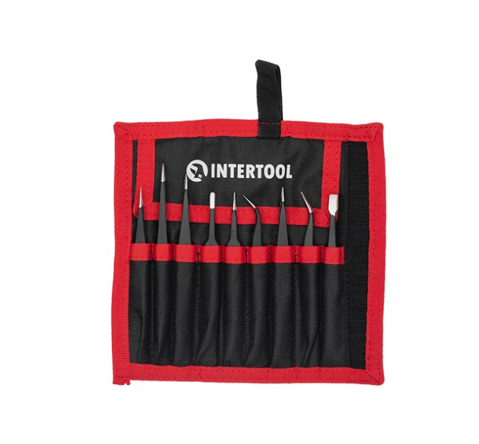 Набор радиотехнических пинцетов 9 ед., антистатические, в чехле INTERTOOL NT-6002
