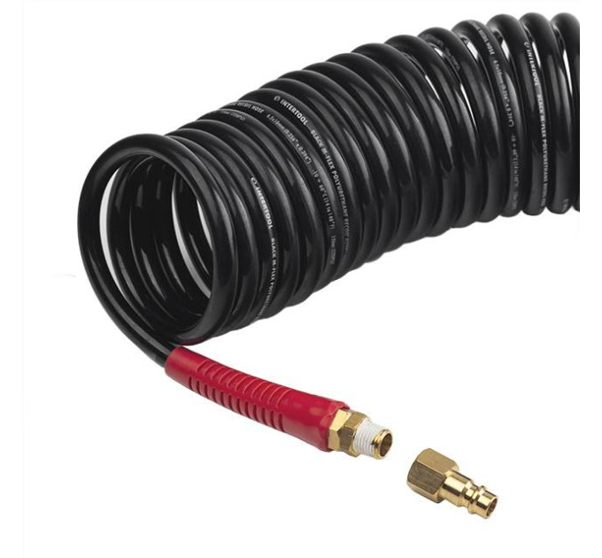 Шланг BLACK M-Flex STORM, 20 м, 6,5*10 мм, спиральный полиуретановый с поворотным шарниром, латунными быстроразъемными соединениями INTERTOOL PT-1795