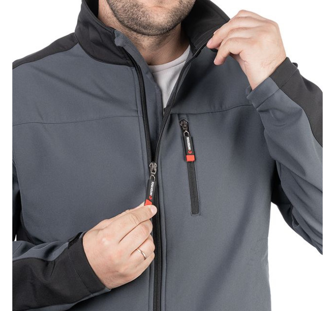 Куртка SOFTSHELL, темна сіро-чорна, тришарова, тканина стрейч 300GSM 100D, з водо- і вітрозахистом, S INTERTOOL SP-3131