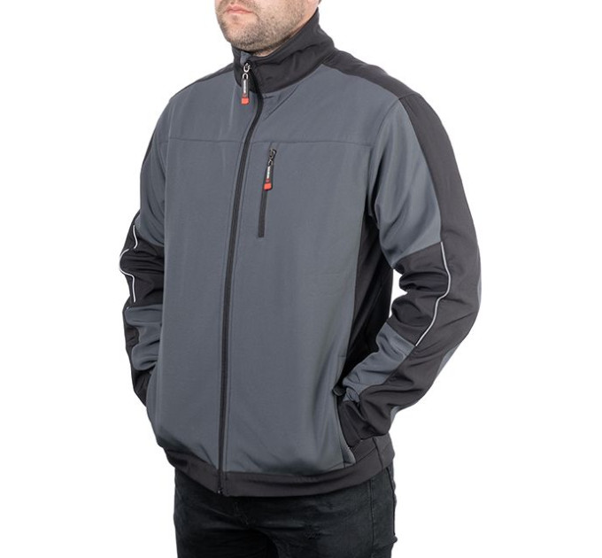 Куртка SOFTSHELL, темная серо-черная, трехслойная, ткань стрейч 300GSM 100D, с водо- и ветрозащитой, XL INTERTOOL SP-3134