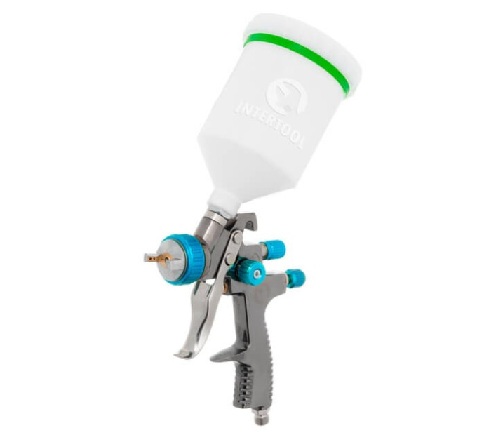 Фарбопульт пневматический LVLP BLUE профессиональный, форсунка 1,4 мм, верхний пластиковый бачок 600 мл, 1,5 бар INTERTOOL PT-0134