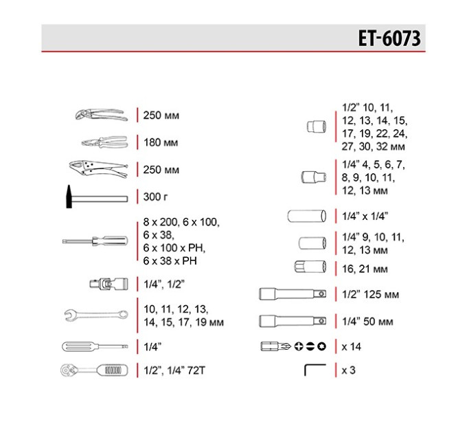 Профессиональный набор инструментов 1/2", 1/4", 72 ед. INTERTOOL ET-6073