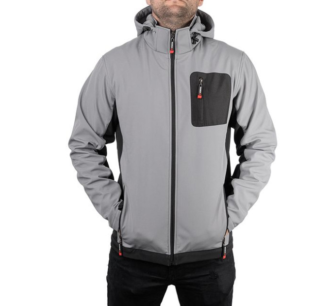 Куртка SOFTSHELL, светлая серо-черная, с капюшоном, трехслойная, ткань стрейч 300GSM 100D, с водо- и ветрозащитой, INTERTOOL SP-3122