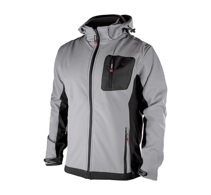 Куртка SOFTSHELL, світла сіро-чорна, з капюшоном, тришарова, тканина стрейч 300GSM 100D, з водо- і вітрозахистом, XXL INTERTOOL SP-3125