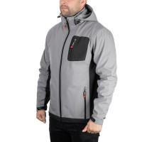 Куртка SOFTSHELL, светлая серо-черная, с капюшоном, трехслойная, ткань стрейч 300GSM 100D, с водо- и ветрозащитой, INTERTOOL SP-3122