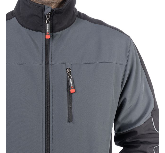 Куртка SOFTSHELL, темна сіра-чорна, тришарова, тканина стрейч 300GSM 100D, з водо- і вітрозахистом, М INTERTOOL SP-3132