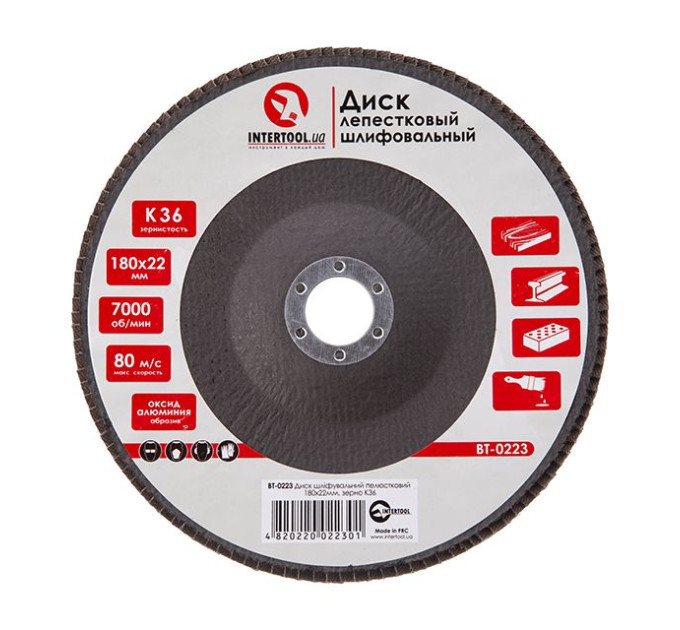 Диск шлифовальный лепестковый 180*22 мм, K36 INTERTOOL BT-0223