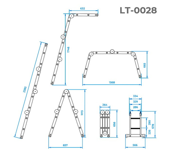 Лестница из алюминия, многофункциональная, трансформер, 4*2, 2,38м INTERTOOL LT-0028