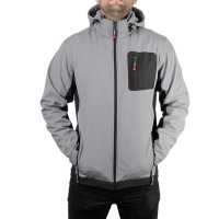 Куртка SOFTSHELL, светлая серо-черная, с капюшоном, трехслойная, ткань стрейч 300GSM 100D, с водо- и ветрозащитой, XL INTERTOOL SP-3124