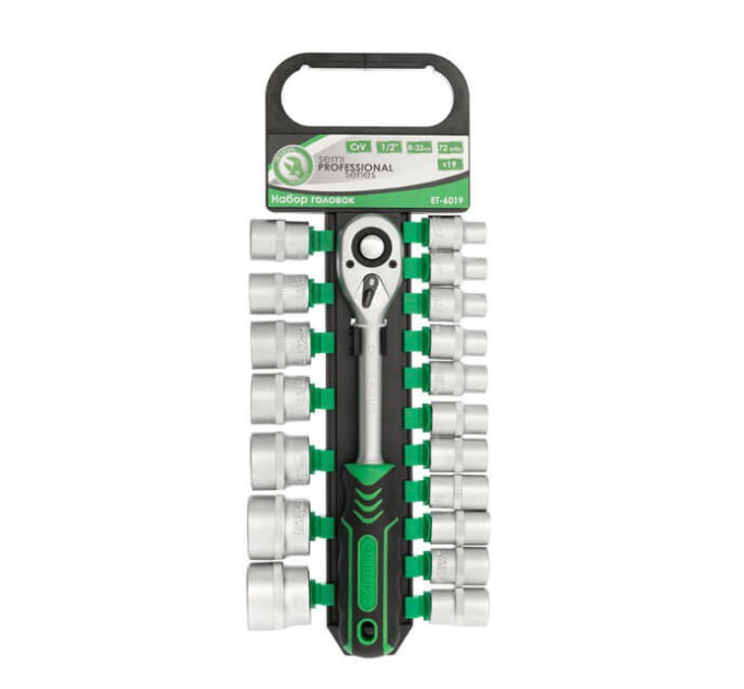 Набор головок 8-32 мм, 1/2", рукоятка с храповым механизмом, 19 ед. INTERTOOL ET-6019