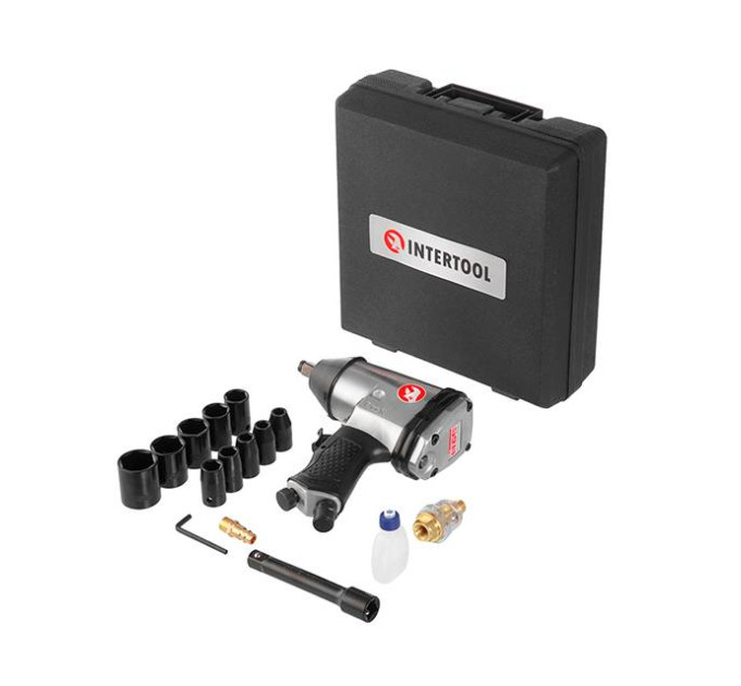 Гайковерт пневматический 1/2", набор головок 17 ед., кейс INTERTOOL PT-1101
