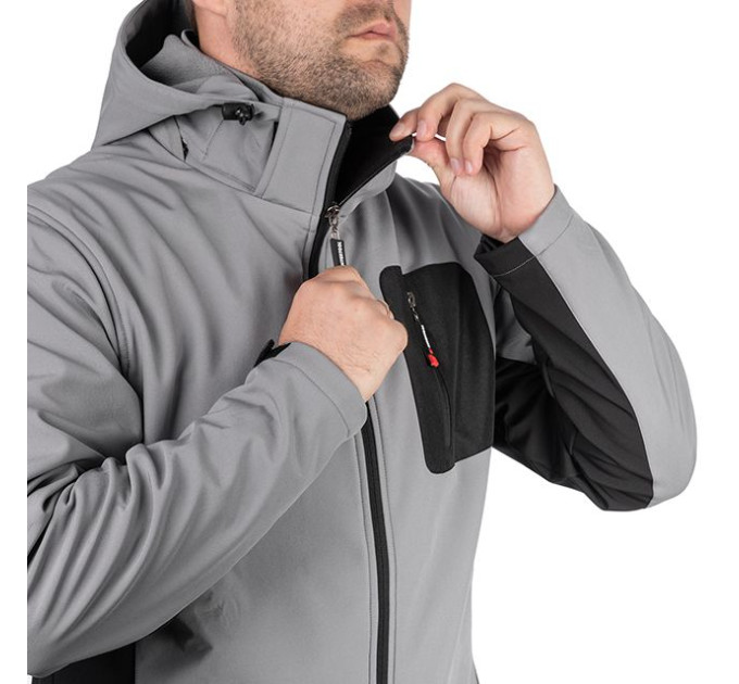 Куртка SOFTSHELL, светлая серо-черная, с капюшоном, трехслойная, ткань стрейч 300GSM 100D, с водо- и ветрозащитой, INTERTOOL SP-3122