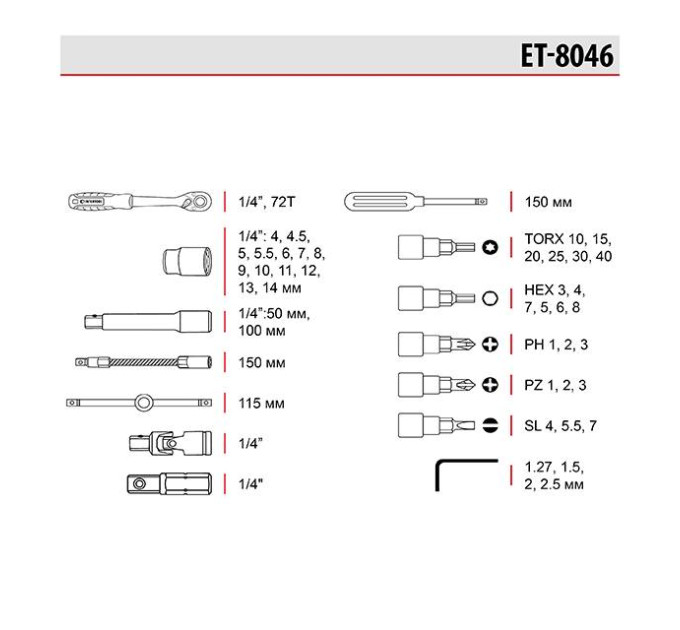 Набор инструментов 46 ед., STORM, 1/4", Cr-V INTERTOOL ET-8046