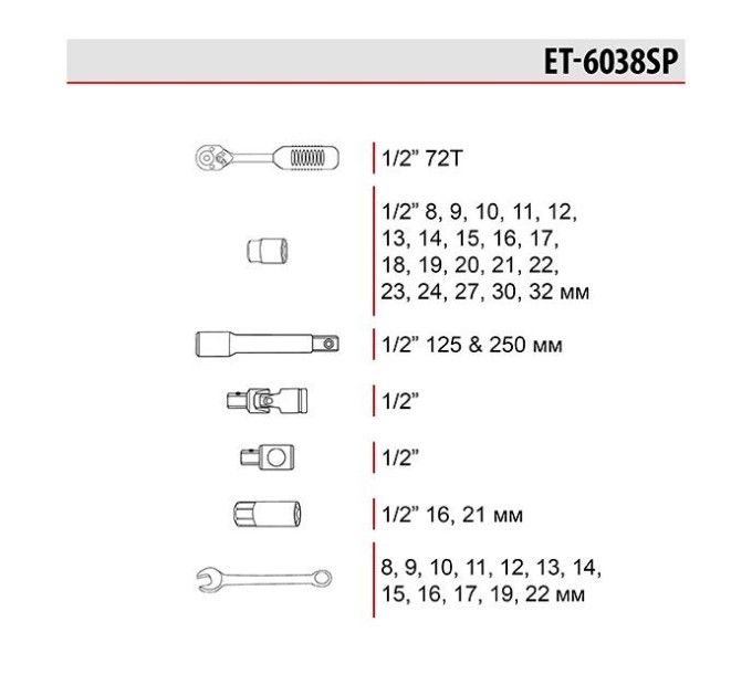 Набор инструментов 1/2", 38 ед. INTERTOOL ET-6038SP