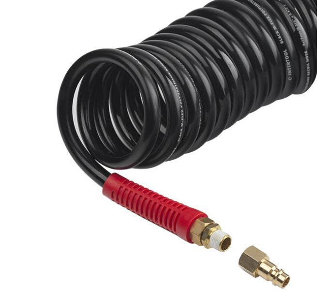 Шланг BLACK M-Flex STORM, 15 м, 8*12 мм, спиральный полиуретановый с поворотным шарниром, латунными быстроразъемными соединениями INTERTOOL PT-1797