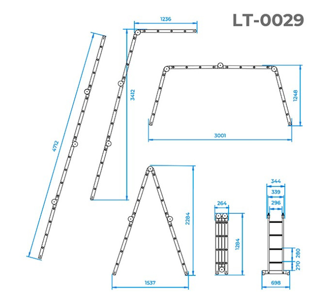 Лестница алюминиевая трансформер 4*4 сход., 4,7м INTERTOOL LT-0029