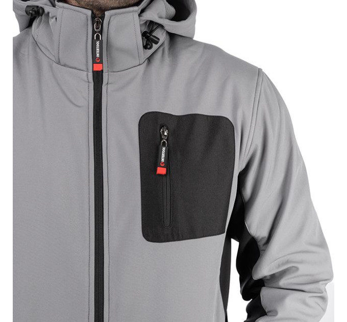 Куртка SOFTSHELL, світла сіро-чорна, з капюшоном, тришарова, тканина стрейч 300GSM 100D, з водо- і вітрозахистом, XL INTERTOOL SP-3124