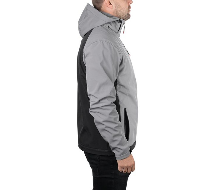 Куртка SOFTSHELL, светлая серо-черная, с капюшоном, трехслойная, ткань стрейч 300GSM 100D, с водо- и ветрозащитой, INTERTOOL SP-3122