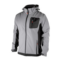 Куртка SOFTSHELL, світла сіро-чорна, з капюшоном, тришарова, тканина стрейч 300GSM 100D, з водо- і вітрозахистом, L INTERTOOL SP-3123