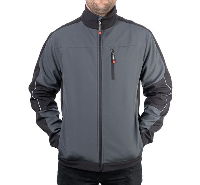 Куртка SOFTSHELL, темная серо-черная, трехслойная, ткань стрейч 300GSM 100D, с водо- и ветрозащитой, XL INTERTOOL SP-3134