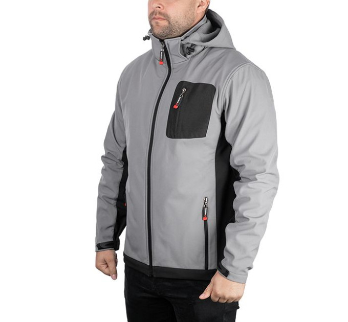 Куртка SOFTSHELL, світла сіро-чорна, з капюшоном, тришарова, тканина стрейч 300GSM 100D, з водо- і вітрозахистом, XL INTERTOOL SP-3124