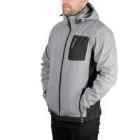 Куртка SOFTSHELL, светлая серо-черная, с капюшоном, трехслойная, ткань стрейч 300GSM 100D, с водо- и ветрозащитой, S INTERTOOL SP-3121