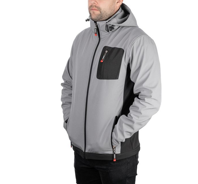 Куртка SOFTSHELL, світла сіро-чорна, з капюшоном, тришарова, тканина стрейч 300GSM 100D, з водо- і вітрозахистом, S INTERTOOL SP-3121