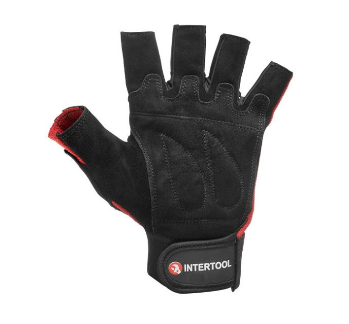 Перчатка без пальцев, кожаная, 10", усиление на ладони, вставки из спандекса на тыльной стороне ладони, фиксация ремешком на липучке INTERTOOL SP-0148