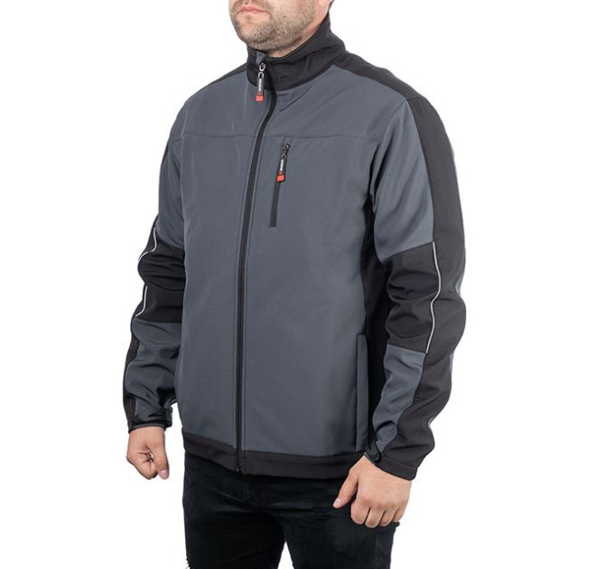 Куртка SOFTSHELL, темная серо-черная, трехслойная, ткань стрейч 300GSM 100D, с водо- и ветрозащитой, XXXL INTERTOOL SP-3136