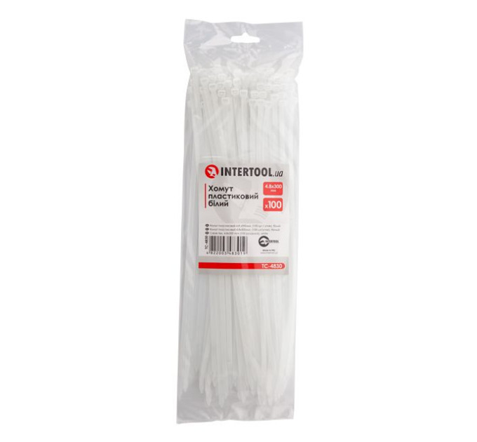 Хомут пластиковый 4,8*300 мм, белый, 100 ед. INTERTOOL TC-4830