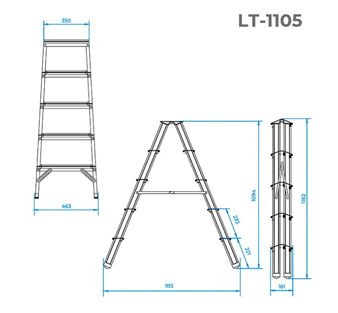Стремянка алюминиевая, двухсторонняя, 5 сход., высота 1,09 м INTERTOOL LT-1105