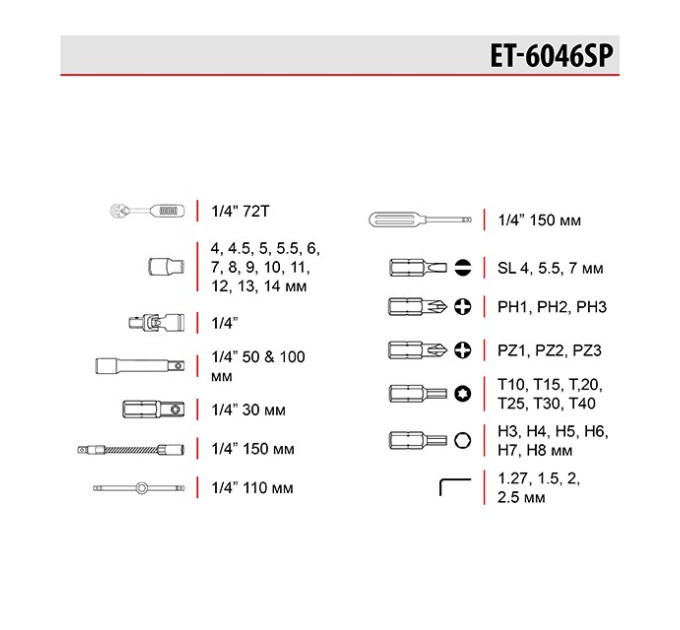 Набор инструментов, 46 ед., 1/4" INTERTOOL ET-6046SP