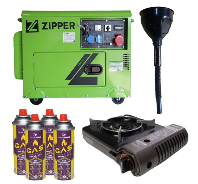 Дизельный генератор Zipper ZI-STE7500DSH + газовая плитка Orcamp CK-505 + 4 газовых картриджа 400 мл
