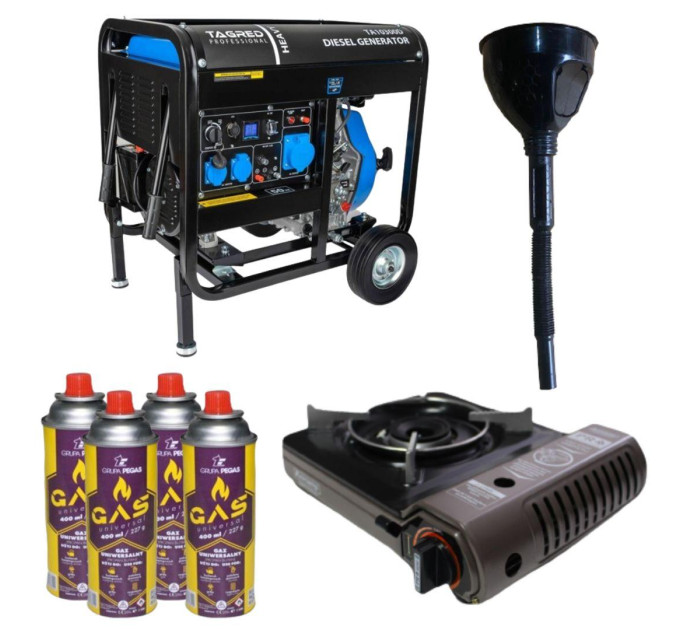 Дизельный генератор TAGRED TA10300D + газовая плитка Orcamp CK-505 + 4 газовых картриджа 400 мл