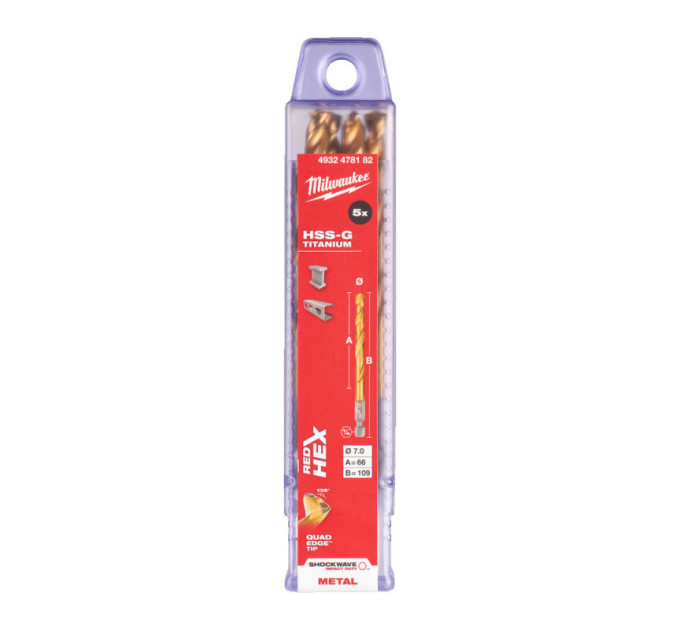 Свердло по металу RedHEX SHOCKWAVE™ HSS-TiN MILWAUKEE, Ø7,0х109х66мм, (5шт)